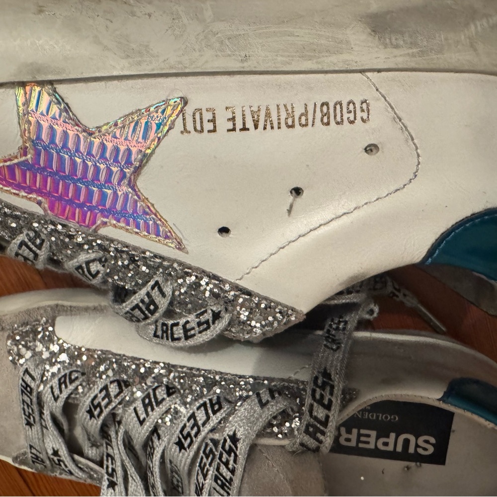 Golden Goose White and Blue Glitter Sneakers - Picture 8 of 14